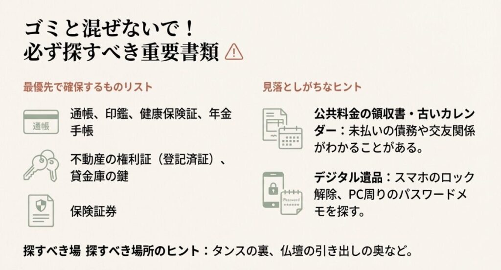 通帳、印鑑、保険証券、不動産の権利証など、捜索すべき重要書類とデジタル遺品のヒントをまとめた画像