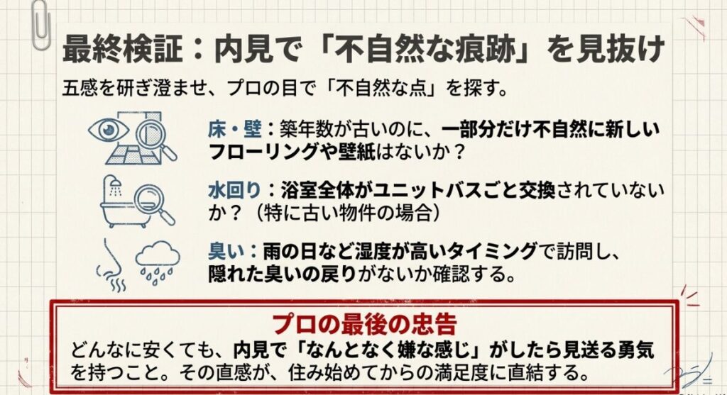 床や壁の一部だけが新しい、浴室ユニットが交換されている、湿度の高い日の臭いなどの確認項目をまとめた画像