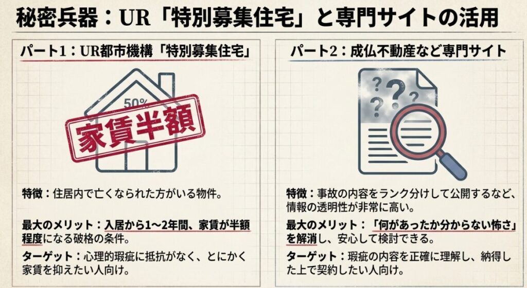 家賃半額というスタンプ画像と共に、心理的瑕疵に抵抗がない人向けの条件を説明した図解
