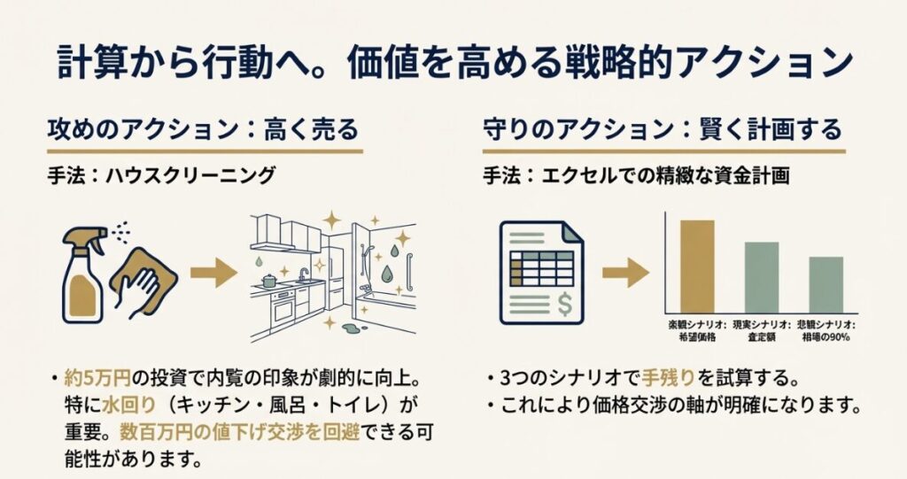 希望価格、査定額、相場の90パーセントという3段階のシナリオで資金計画を作成し、交渉の軸を明確にする手法の紹介