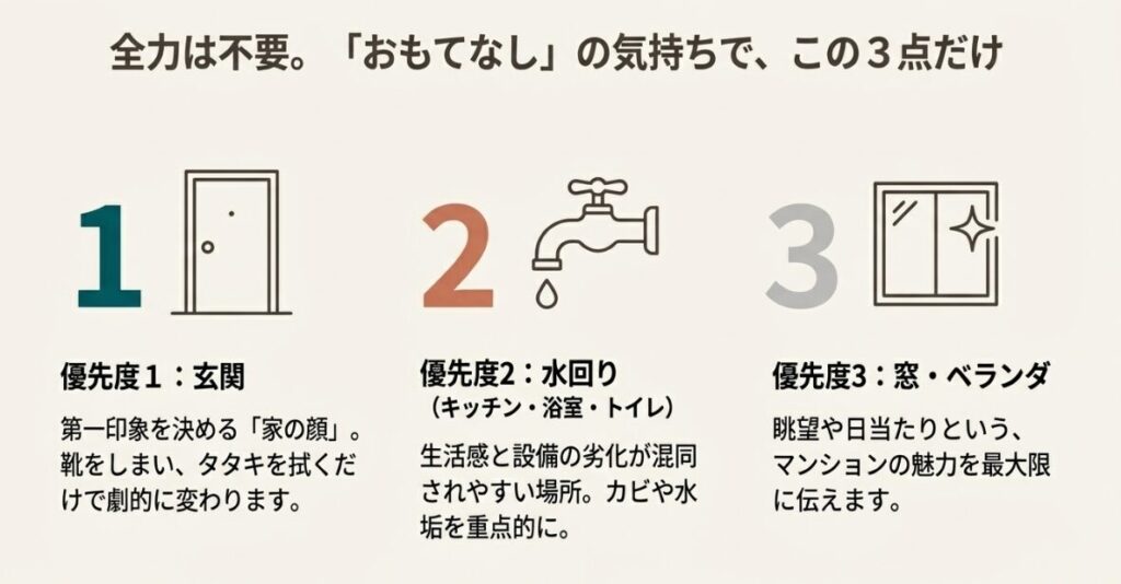 玄関、水回り、窓・ベランダの3点に絞った効率的な掃除優先順位のまとめ