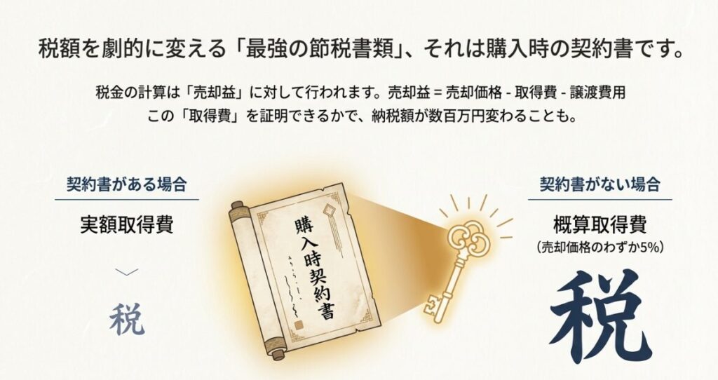 購入時契約書の有無によって取得費の計算方法が変わり税額が変動することを示す図解