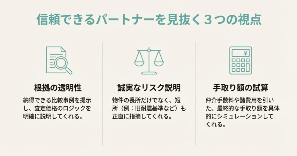 根拠の透明性、誠実なリスク説明、手取り額の試算があるかを確認するポイントの図解