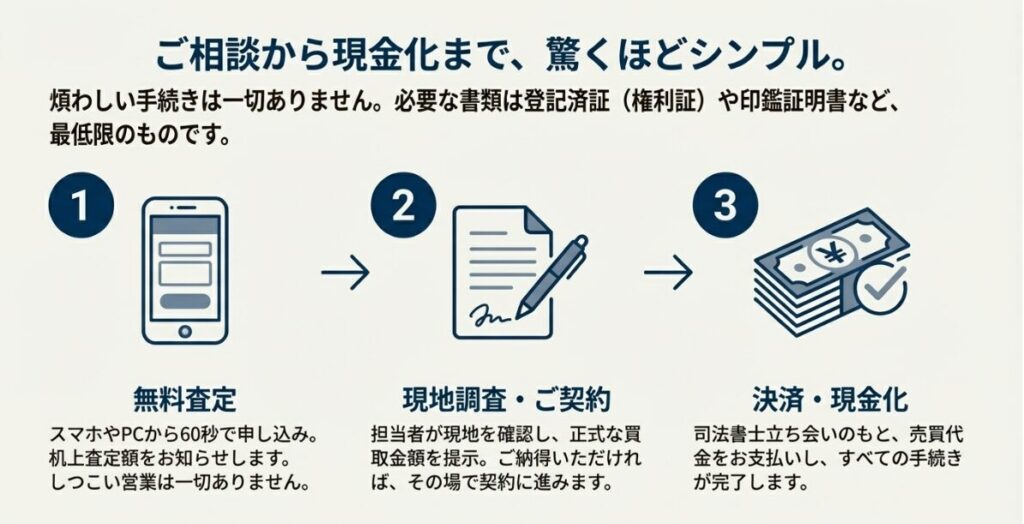 手続きは驚くほどシンプルです。ネットから無料査定を依頼し、提示された金額に納得すれば契約。