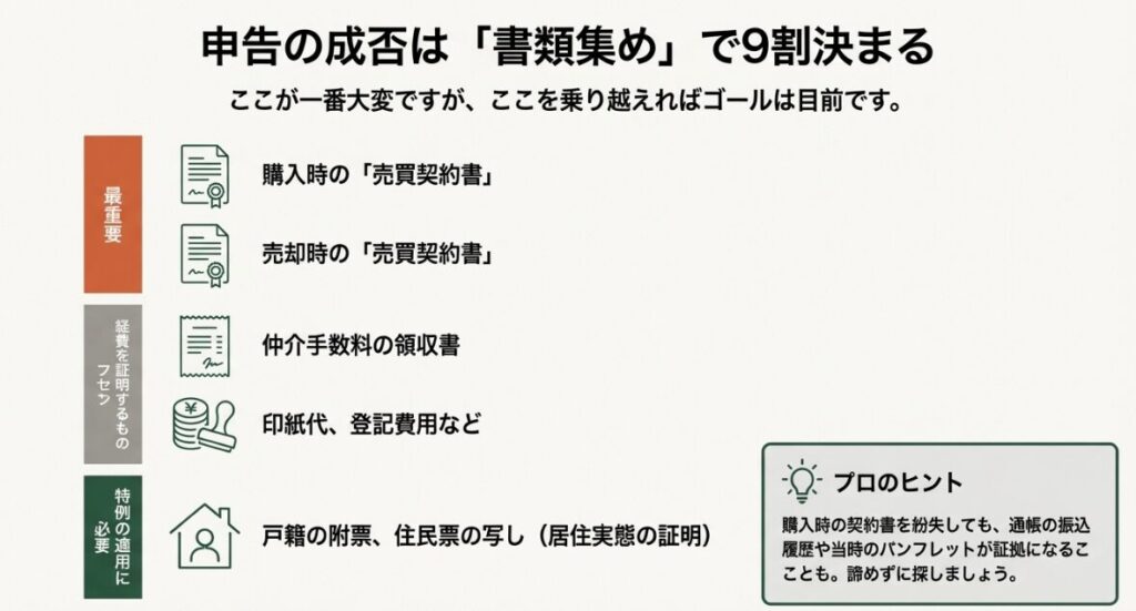 売買契約書や仲介手数料の領収書など、申告の成否を分ける重要書類のリストと紛失時の対応策をまとめたイラストです。