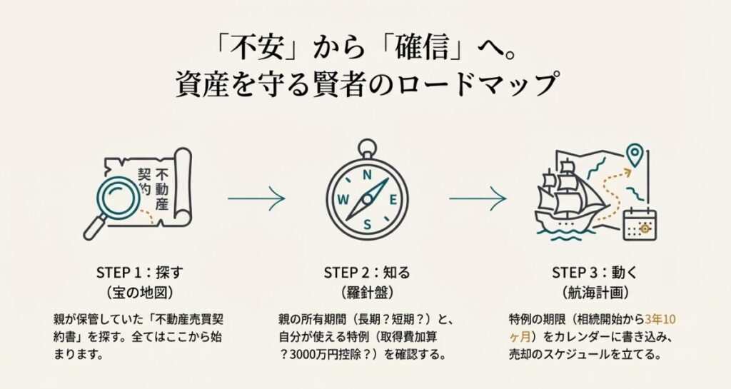 契約書を探し、特例を確認して、期限内に売却スケジュールを立てるまでの3ステップ。