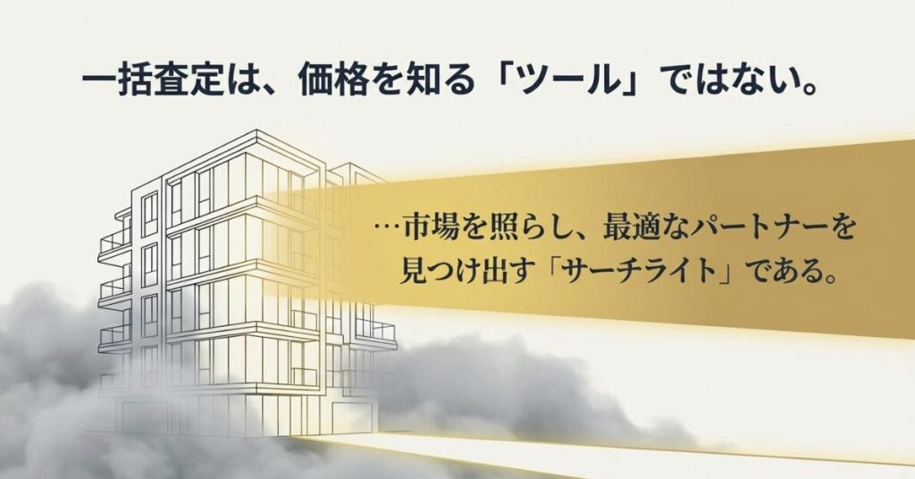 一括査定は価格を知るツールではなく、市場を照らし最適な不動産会社を見つけ出すサーチライトであると説明する図解