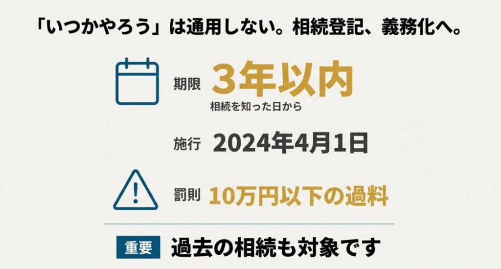 カレンダーと警告マークのアイコンとともに、2024年4月1日施行の相続登記義務化について、期限は3年以内、罰則は10万円以下の過料、過去の相続も対象であることを説明する図解です。