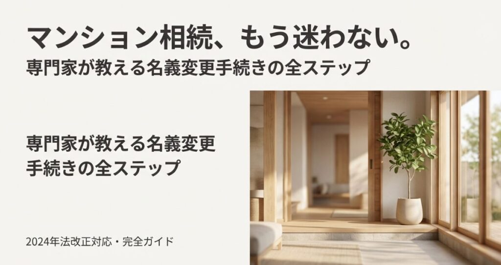 マンションの室内と観葉植物の画像に「マンション相続、もう迷わない。専門家が教える名義変更手続きの全ステップ」というタイトルが記載された表紙スライドです。