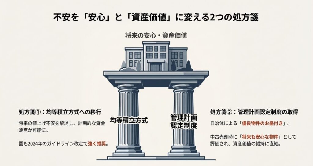 将来の値上げ不安を解消する手法として国が推奨する均等積立方式の解説スライド