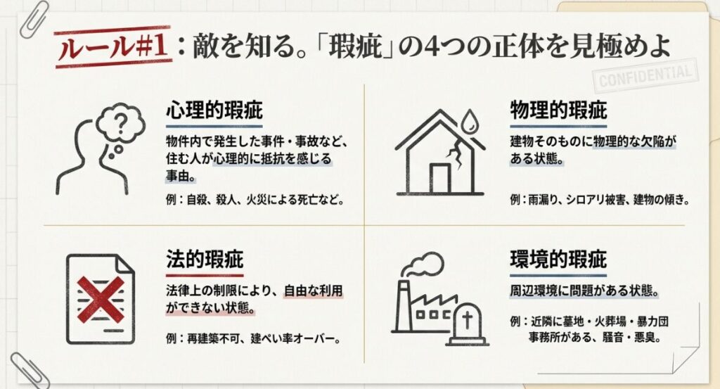 心理的瑕疵、物理的瑕疵、法的瑕疵、環境的瑕疵の4つの定義と具体例を説明した図解