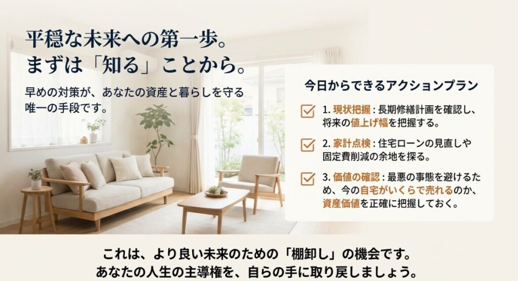 現状把握、家計点検、資産価値の確認といった具体的な行動ステップをまとめたチェックリスト