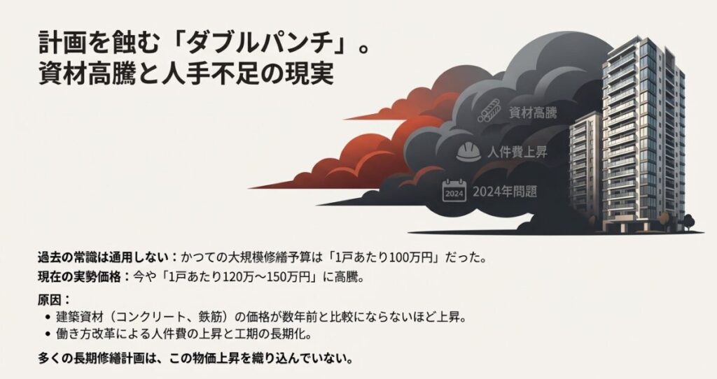 建築資材の上昇と人件費の上昇が修繕予算を圧迫している現状を説明するスライド