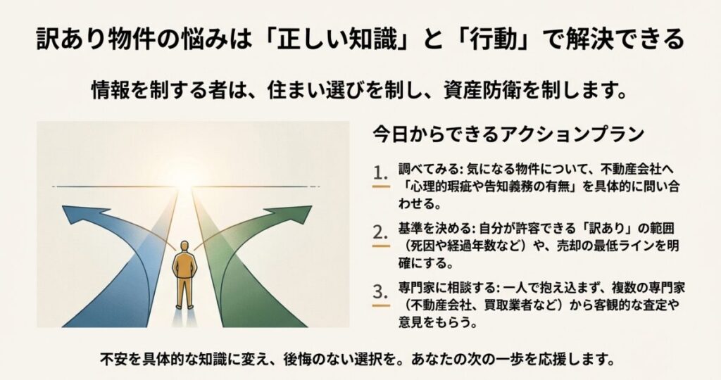 調べてみる、基準を決める、専門家に相談するという、今日からできる3つのアクションプランを示したイラスト。