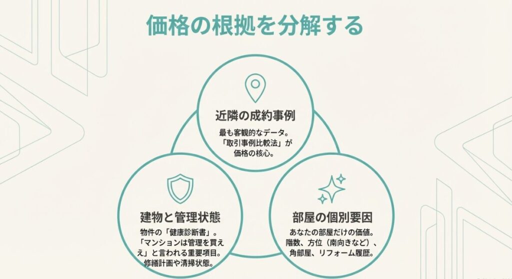 実際に売れた成約価格か、物件条件が近いか、計算ロジックが明快かをチェックする項目のリスト