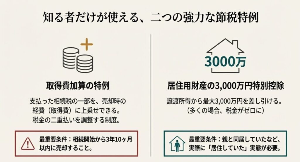 支払った相続税の一部を売却時の経費に上乗せし、税金の二重払いを調整できる制度の解説。