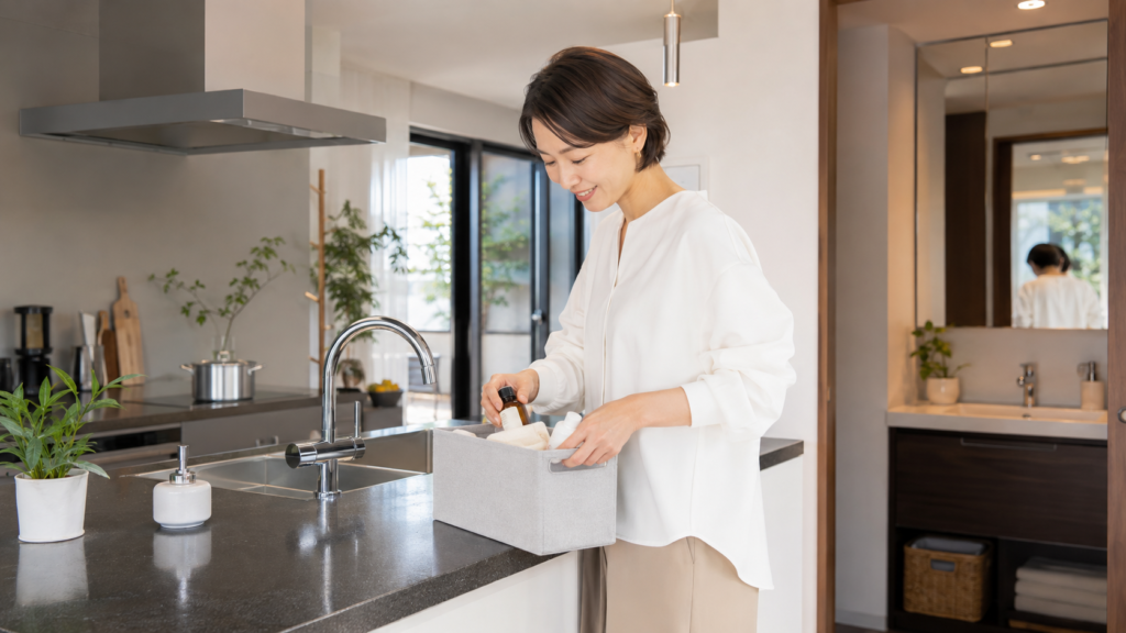マンション売却写真の撮影前にキッチンの生活用品を片付ける女性