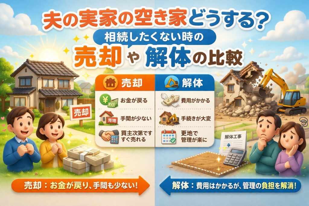 夫の実家空き家どうする？相続したくない時の売却や解体の比較