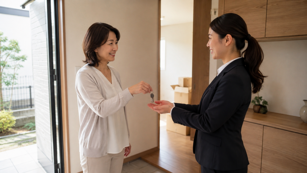 遠方の実家売却で不動産会社へ鍵を引き渡す女性