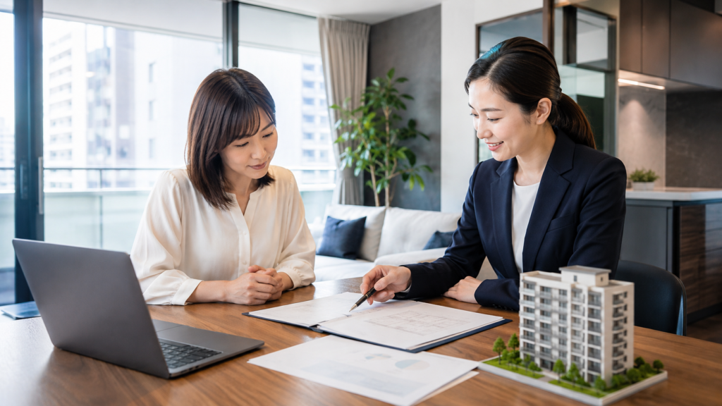 マンション査定の根拠を不動産会社と確認する女性