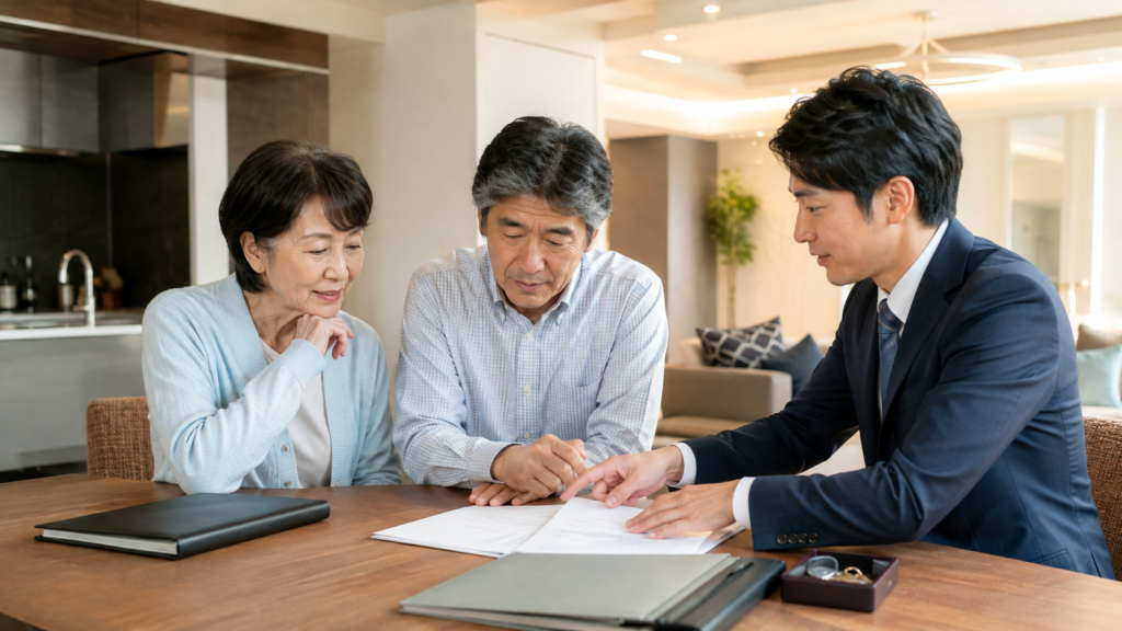 大阪市東住吉区の相続マンションについて書類を確認する夫婦と不動産担当者