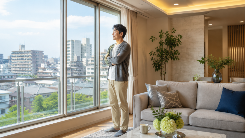 大阪市東住吉区のマンション売却を検討する男性と明るいマンション室内