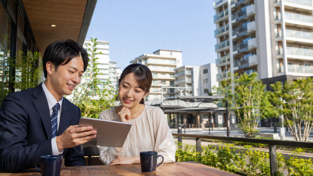 大阪市東住吉区で駅周辺のマンション条件を比較する不動産担当者と女性