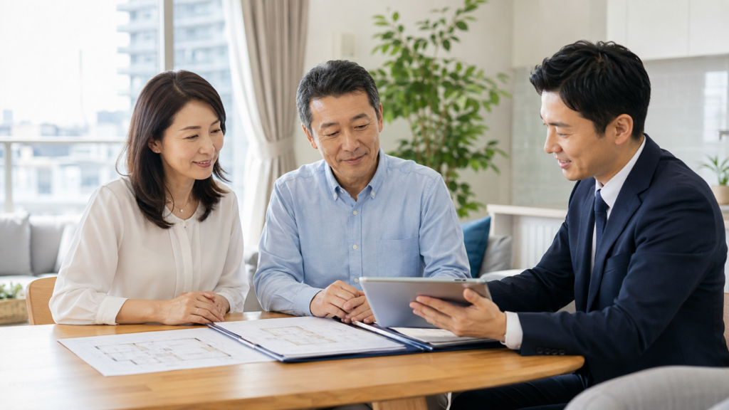 大阪市平野区のマンション査定について不動産会社に相談する日本人夫婦