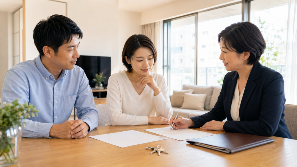 北摂の相続マンション売却について家族と専門家が相談する様子