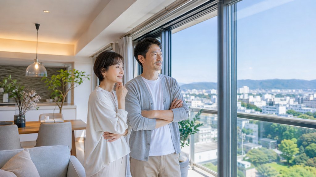北摂のマンションから街並みを眺めて売却を検討する夫婦