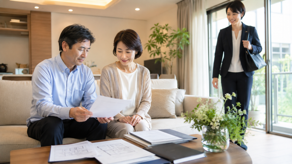 自宅でマンション売却の書類を確認し相談する夫婦