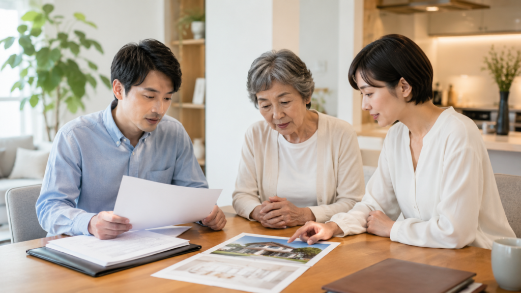 相続した実家の名義や売却方針を家族で話し合う様子