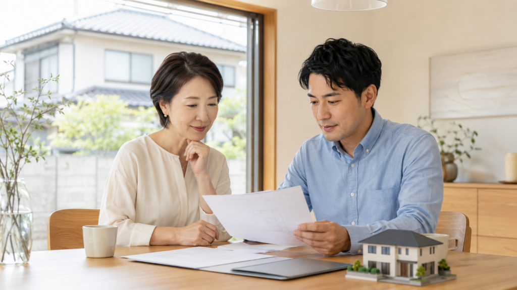 相続不動産の抵当権や登記内容を確認する日本人家族