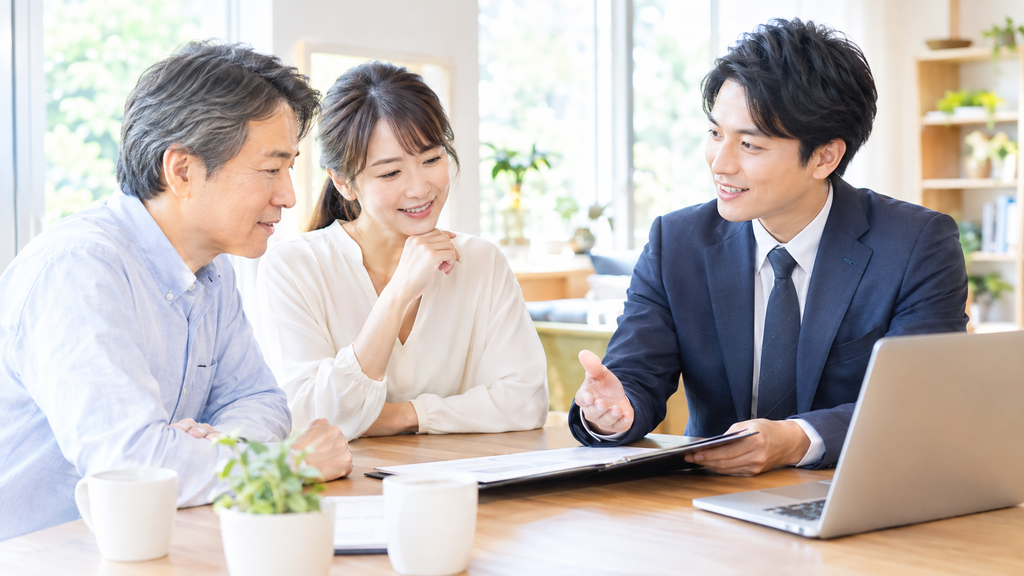 相続税申告前の不動産売却について専門家に相談する日本人家族