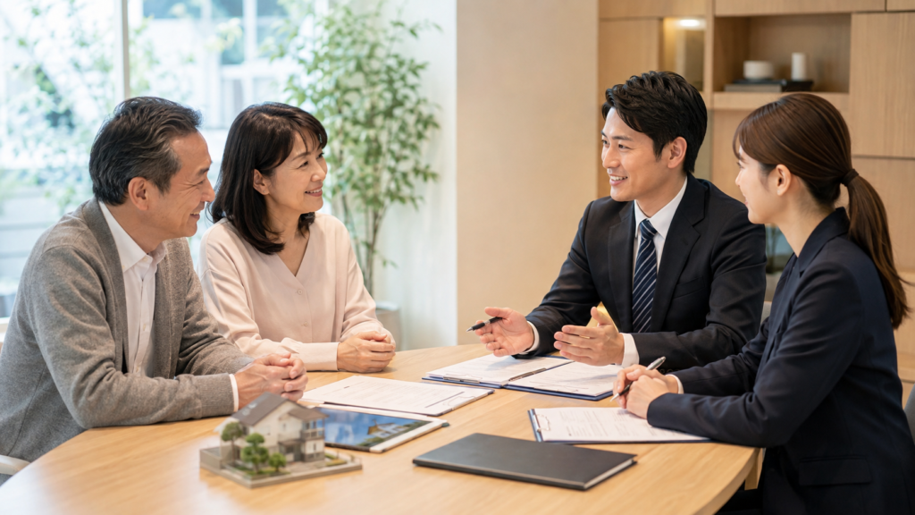 相続登記と実家売却を司法書士や不動産会社に相談する夫婦