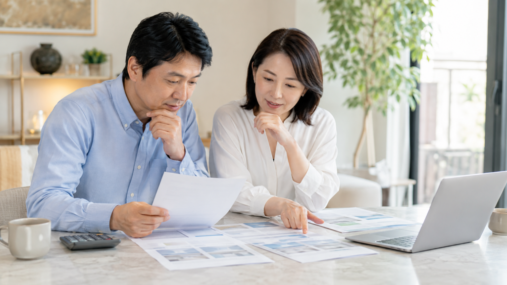 兄弟で実家の査定額や売却費用を比較している様子