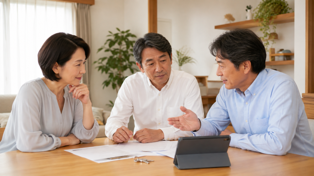 相続した実家の名義や売却方針を家族で話し合う様子