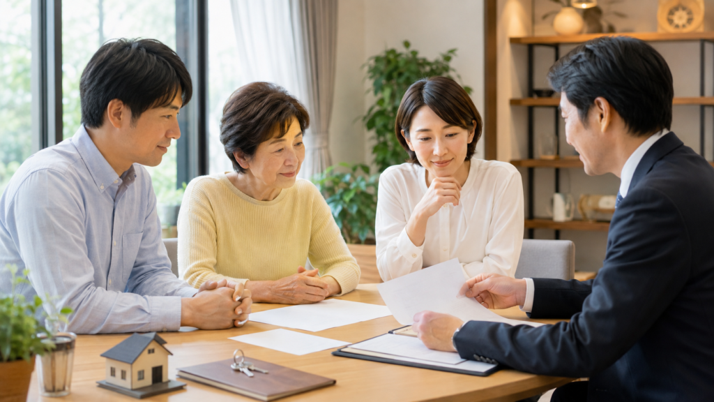 相続した実家の名義と売却方針を家族で相談する様子