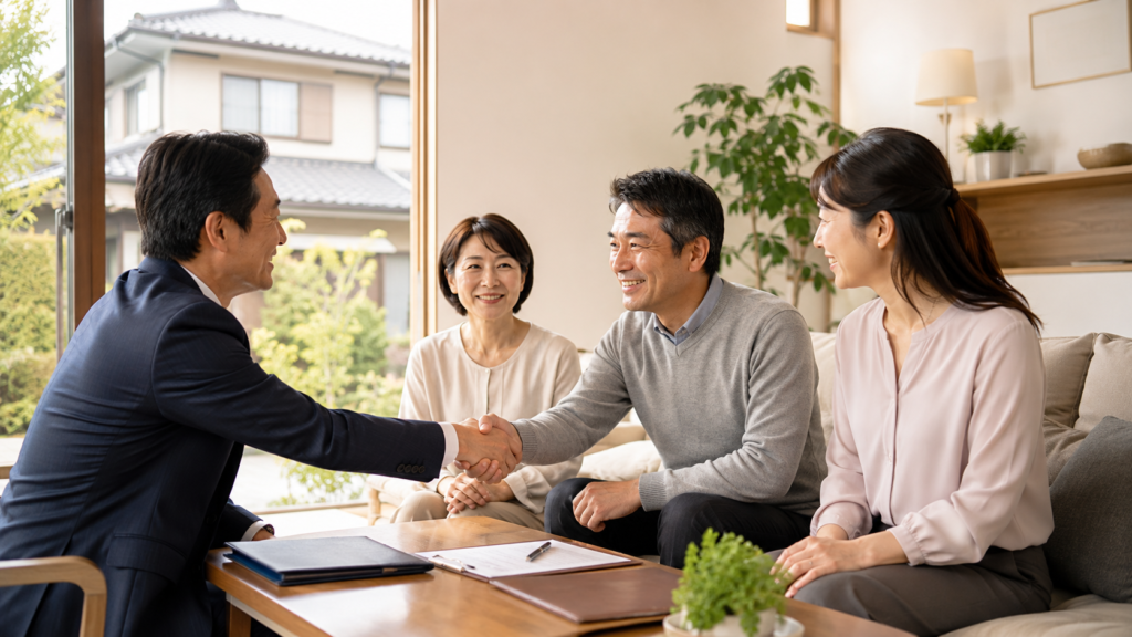 兄弟で相続した実家の売却方針がまとまり専門家と合意する様子