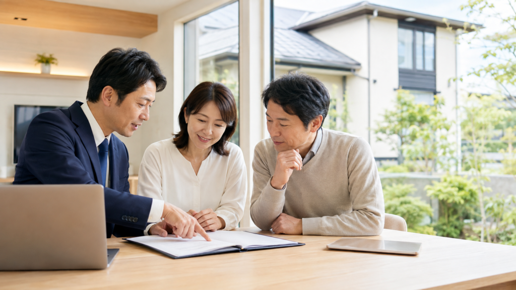 兄弟で相続した実家の名義と売却手続きを専門家に確認する様子