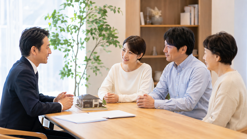 相続した実家の売却時期を不動産専門家へ相談する日本人家族