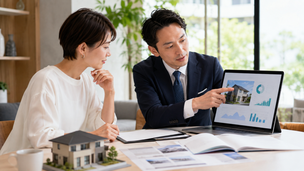 相続した家が売れない原因を不動産会社と確認する女性