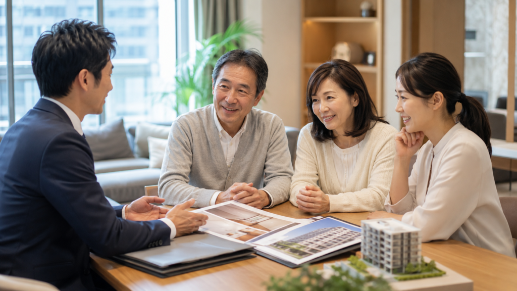 相続したマンションの売却について家族と不動産担当者が相談する様子