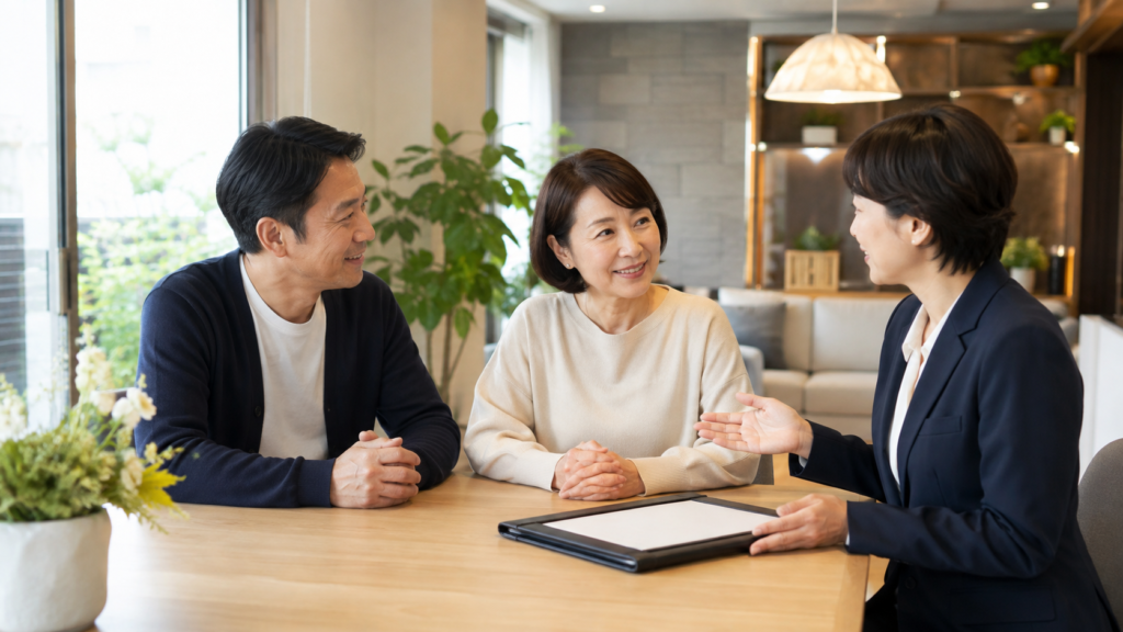 相続したマンションの売却や今後の方針を家族で相談する様子