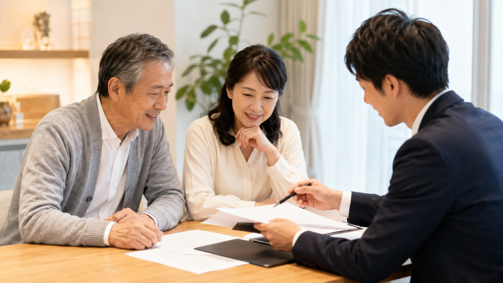 相続したマンションの名義や売却について専門家に相談する日本人夫婦