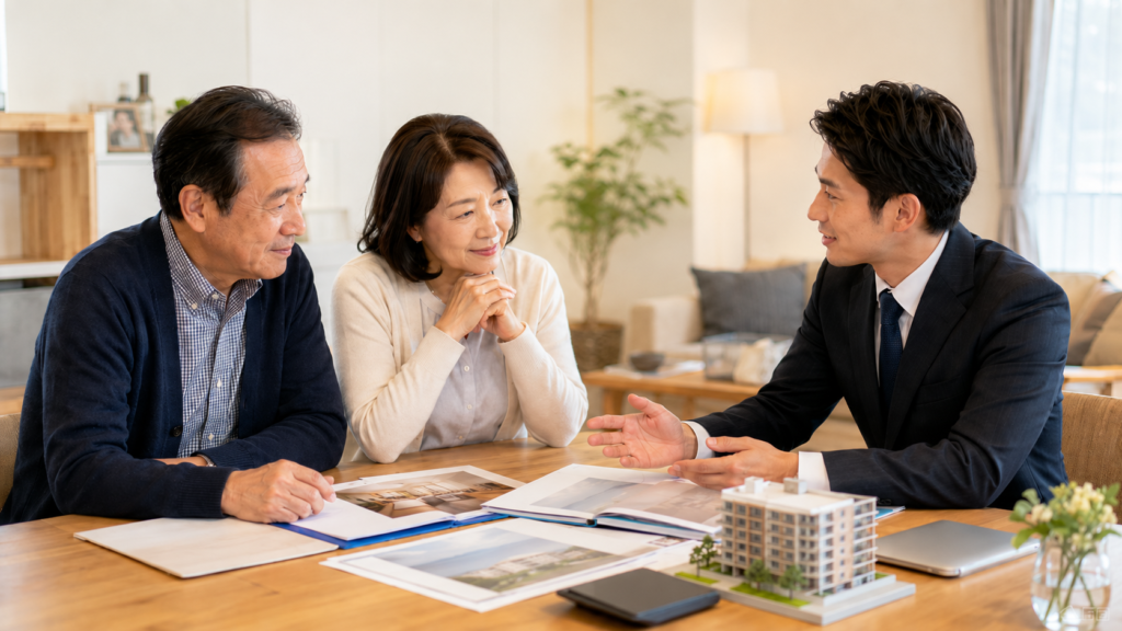 相続したマンションの名義や売却方針を不動産の専門家に相談する家族
