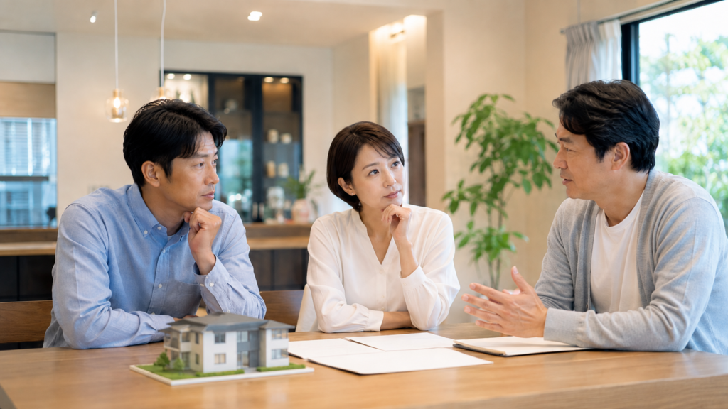 相続不動産の売却や遺産分割について家族で話し合う様子