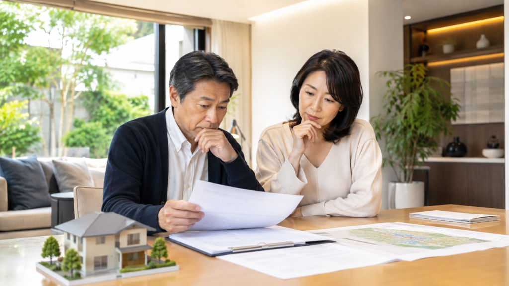 相続不動産の売却時期を夫婦で書類を見ながら検討している様子