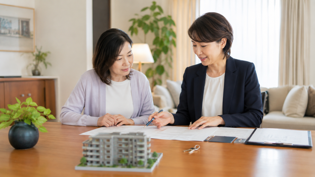 相続したマンションの売却や名義について専門家に相談する女性