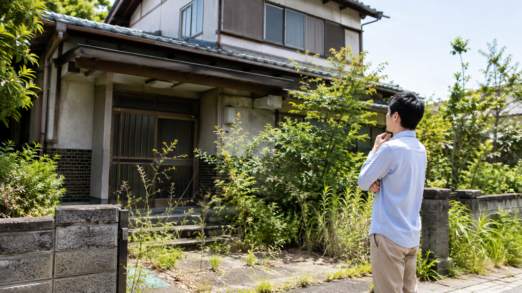 相続した空き家の劣化や管理状態を確認する男性